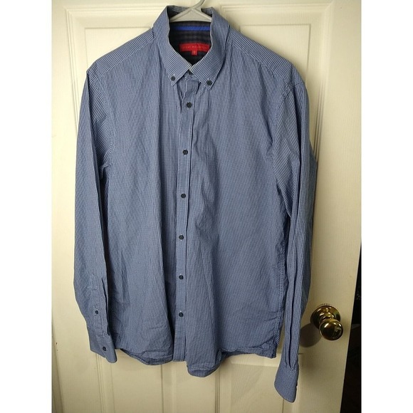 Report Collection Blue Gingham Collared Long Sleeve Button Shirt. L - Picture 1 of 9